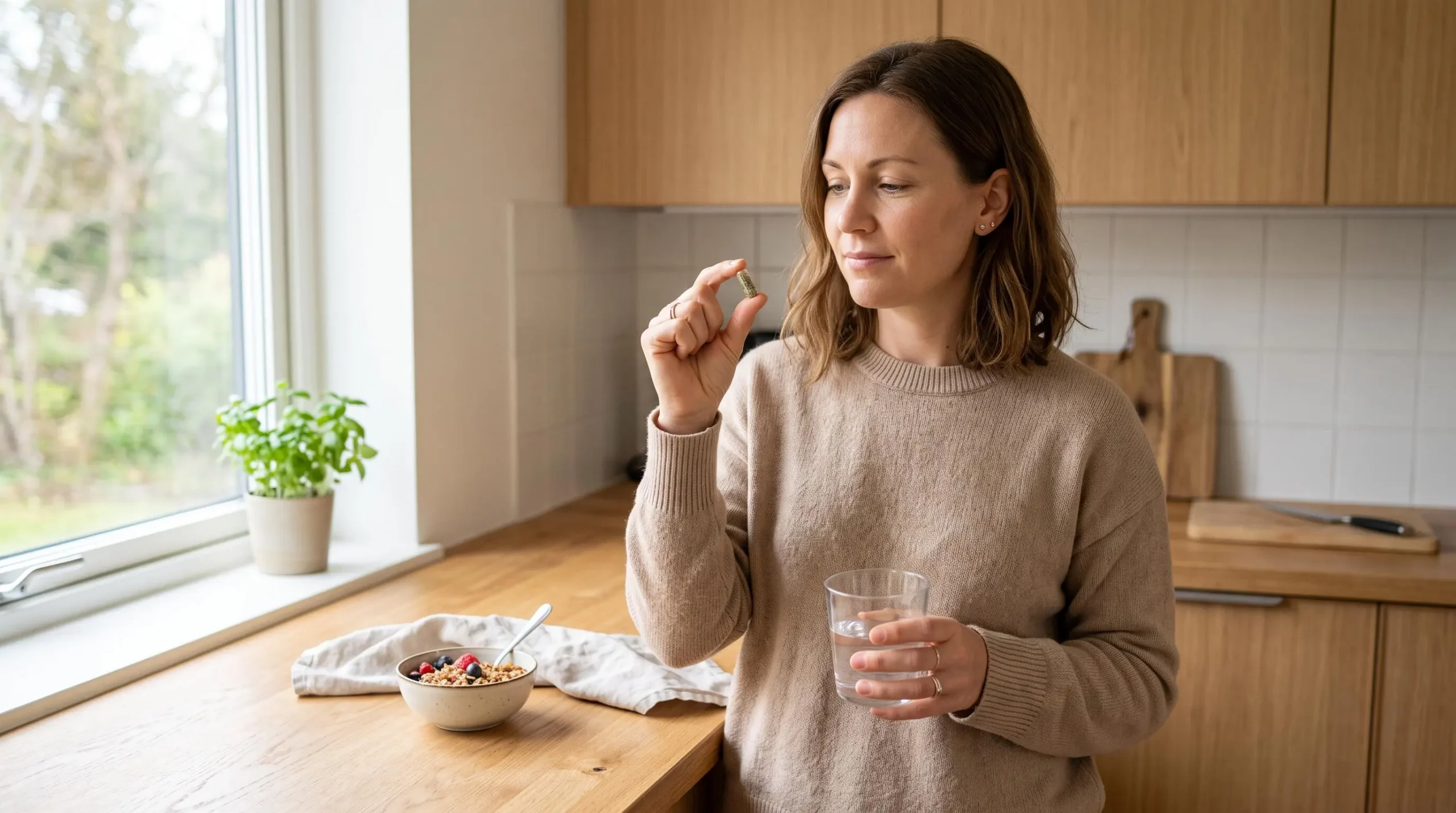 Femme adulte tenant une gélule d'ashwagandha et un verre d'eau dans une cuisine moderne le matin avec lumière naturelle