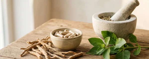 Racines d'ashwagandha séchées et gélules d'extrait disposées sur une table en bois clair avec feuilles fraîches et mortier en pierre dans une lumière naturelle douce