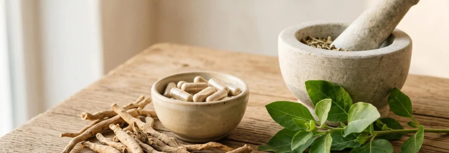 Racines d'ashwagandha séchées et gélules d'extrait disposées sur une table en bois clair avec feuilles fraîches et mortier en pierre dans une lumière naturelle douce